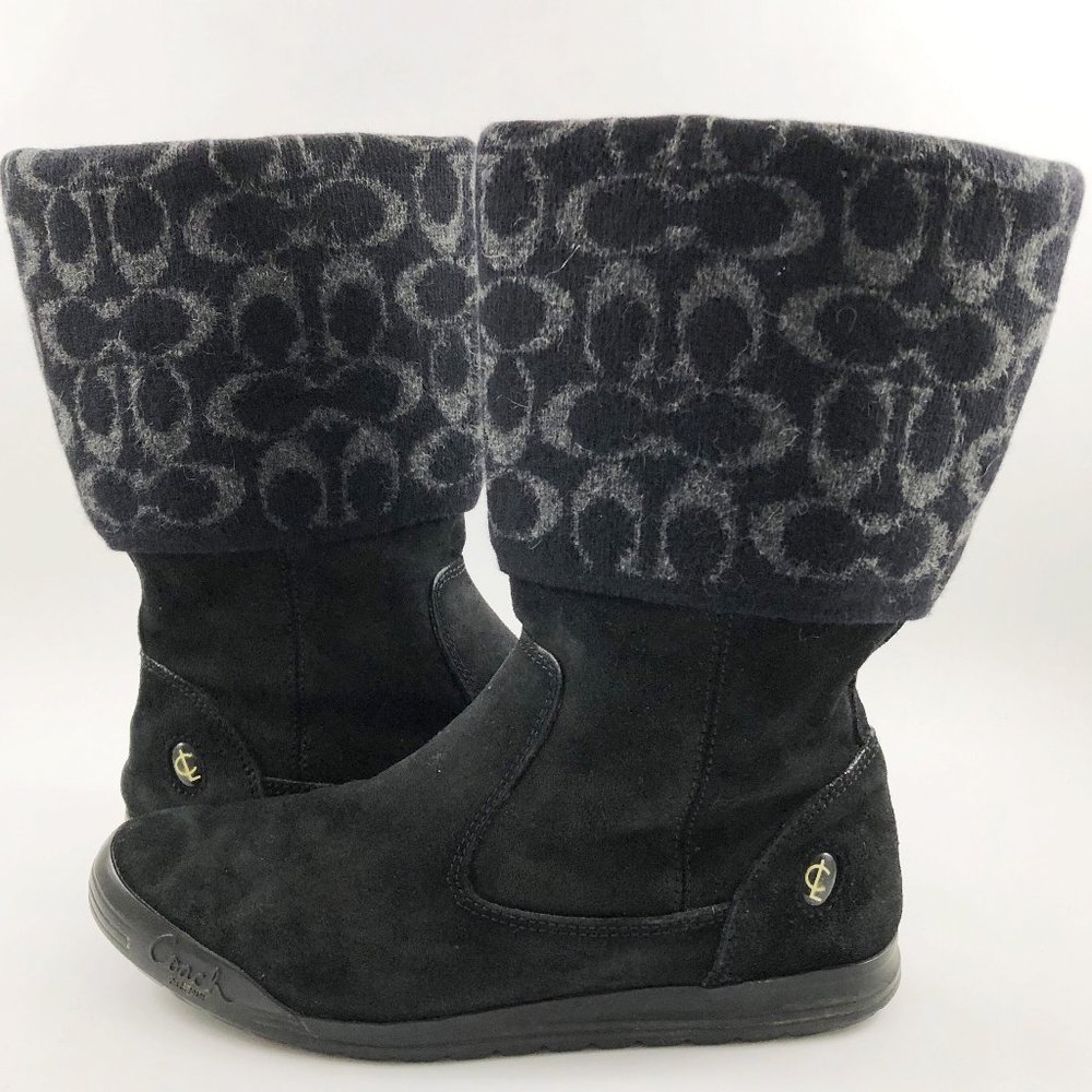COACH Tatum Black Suede & Wool Foldover Signature Logo Mid-Calf Boots 8M